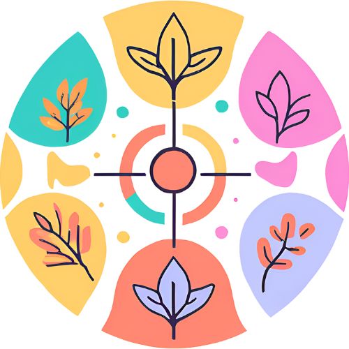A colorful circular logo with multicolored leaves and flowers