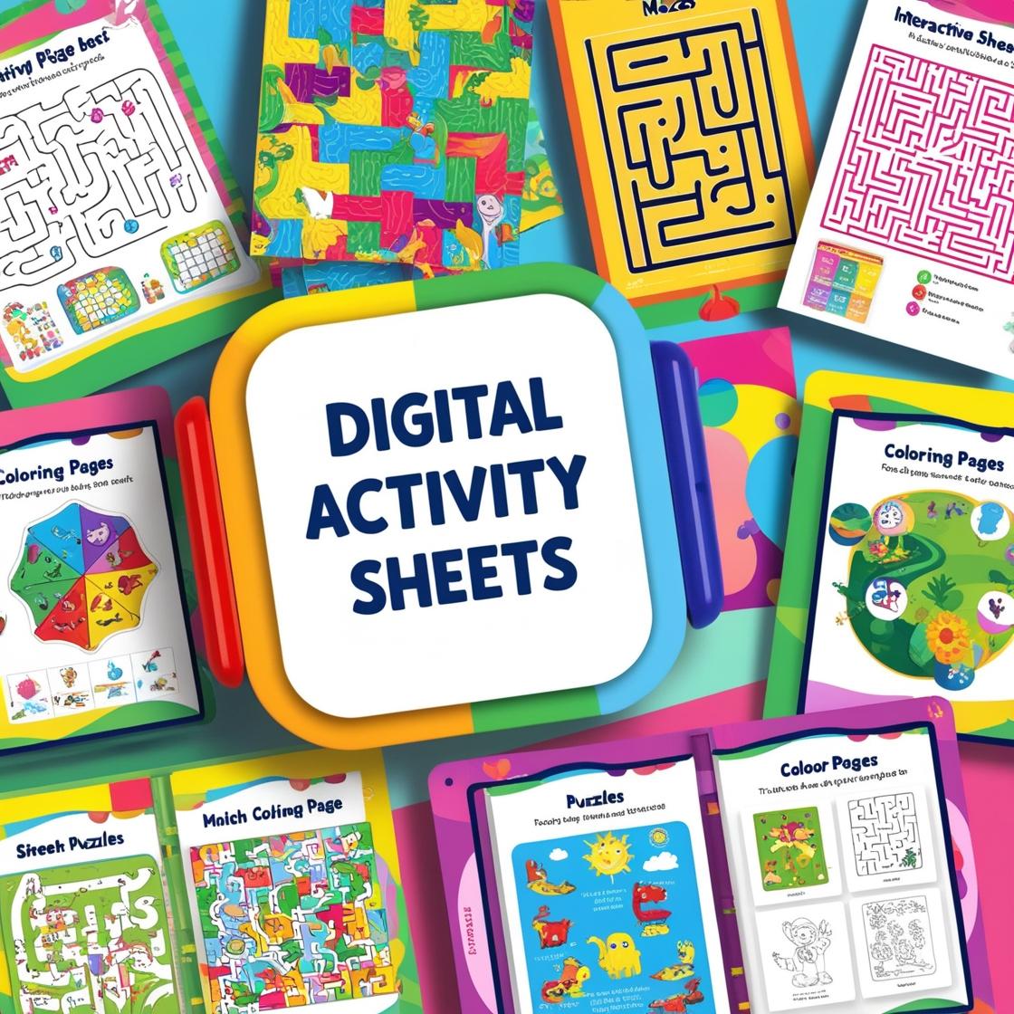 a colorful illustration of a collection of digital activity sheets