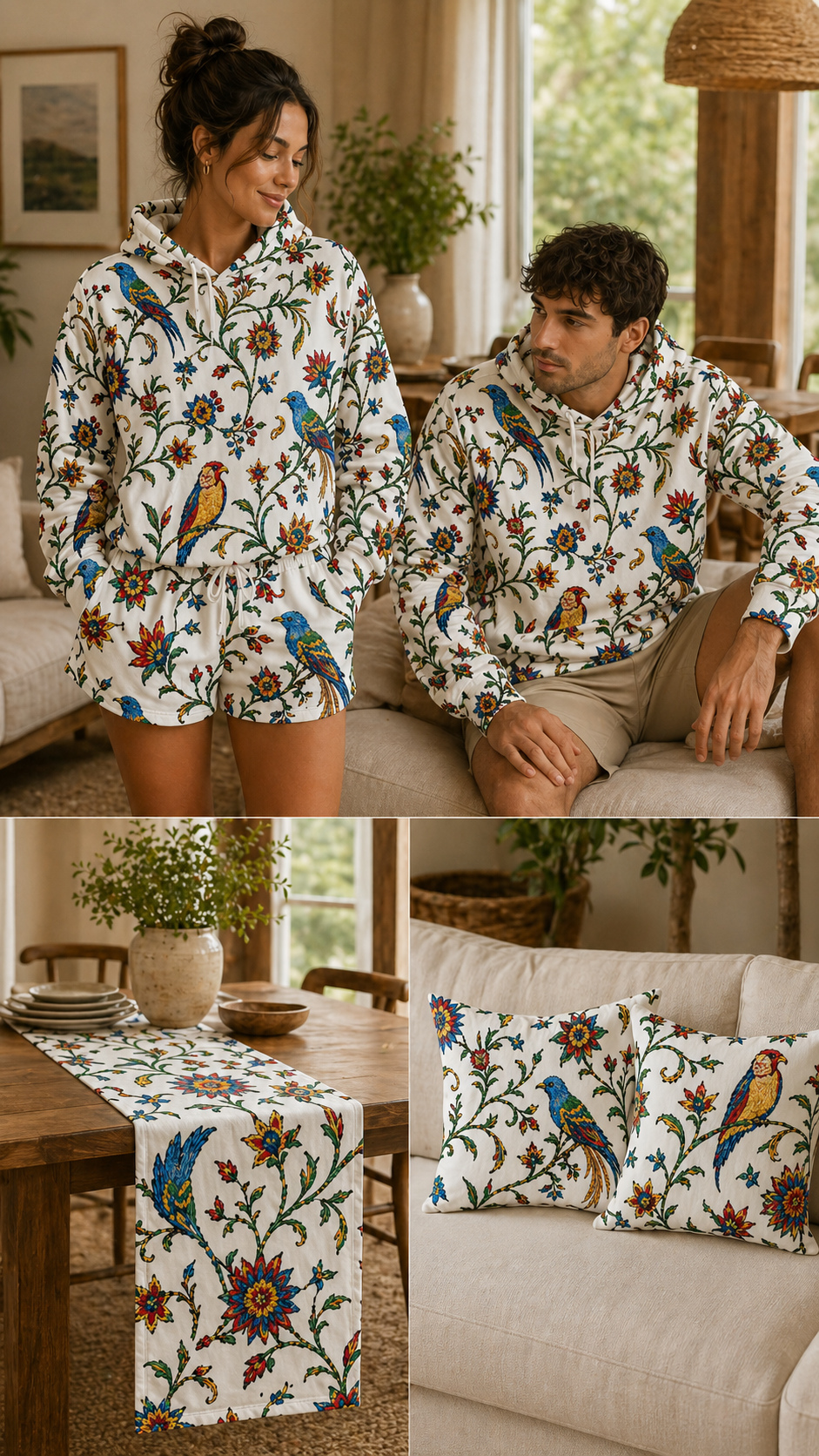 two people in floral hoodies in a room with floral cushions