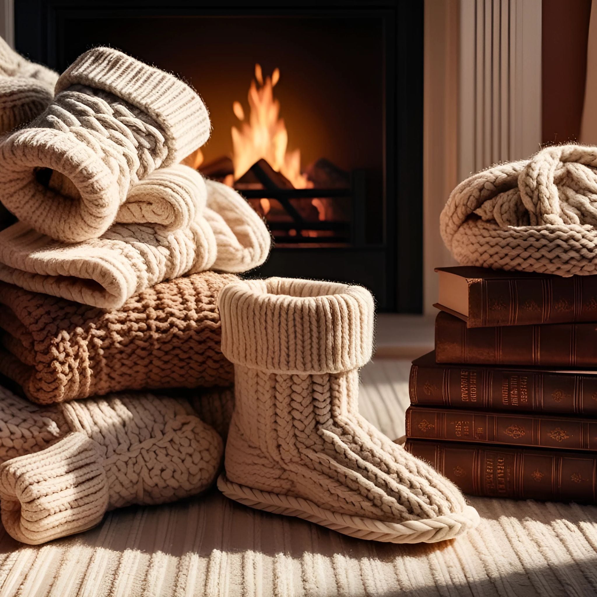  A cozy fireplace scene featuring knitted booties, blankets, and a textured rug
