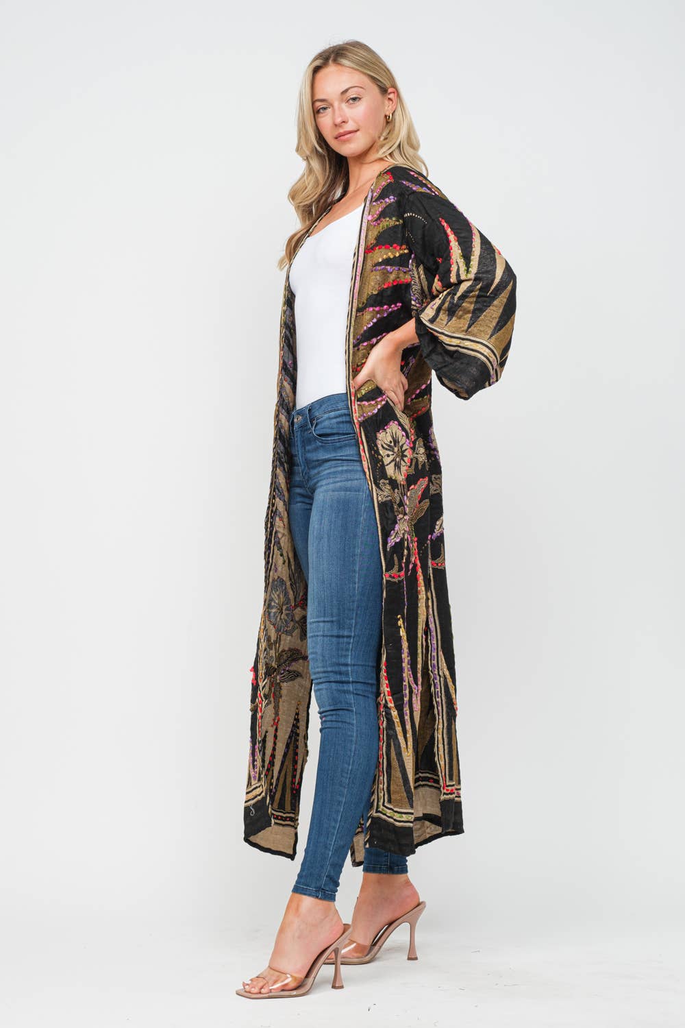 Meghan Black Thick Stitch Embroidered Duster