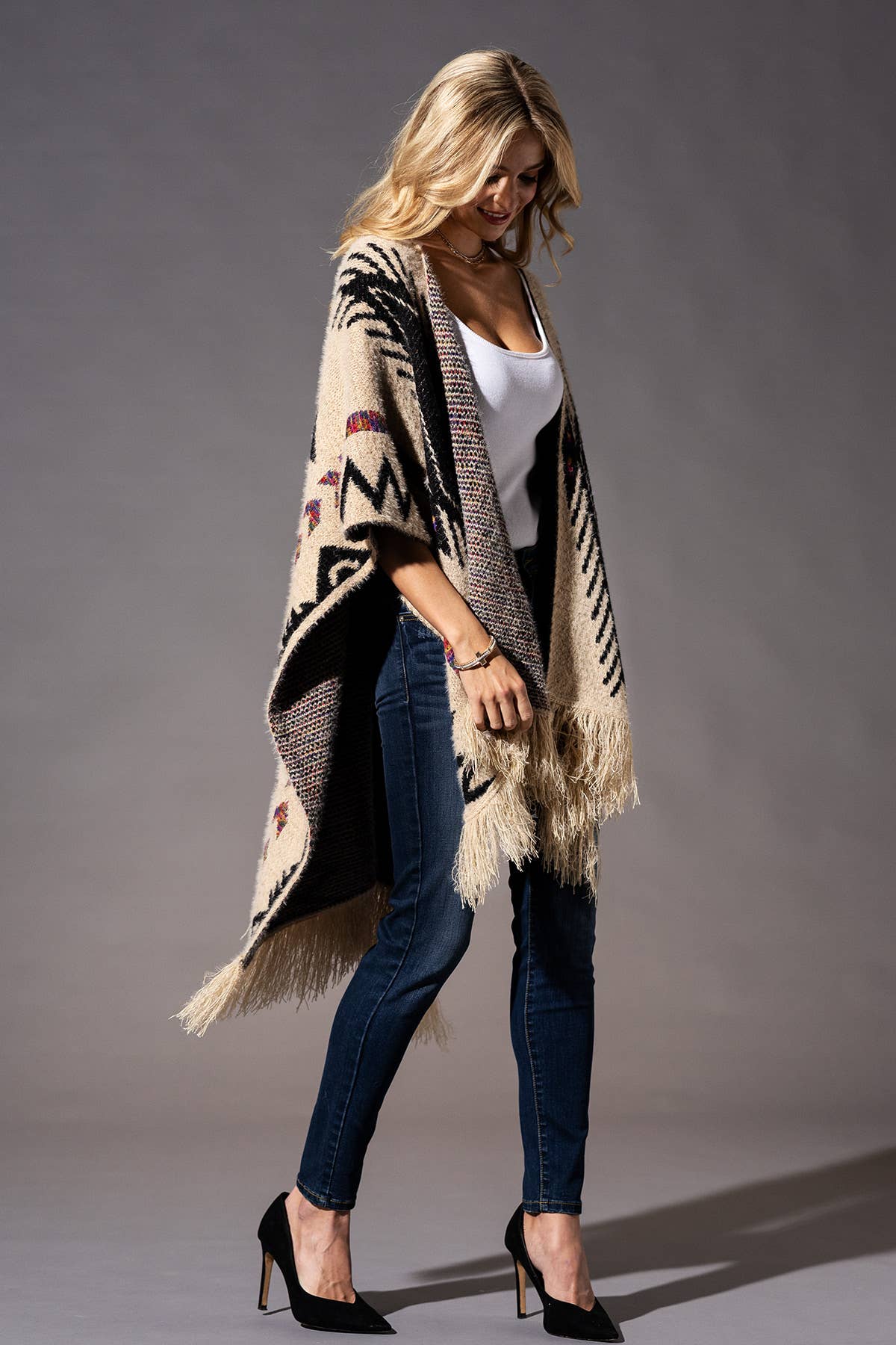 Fuzzy Knit Aztec Pattern Ruana with Tassels