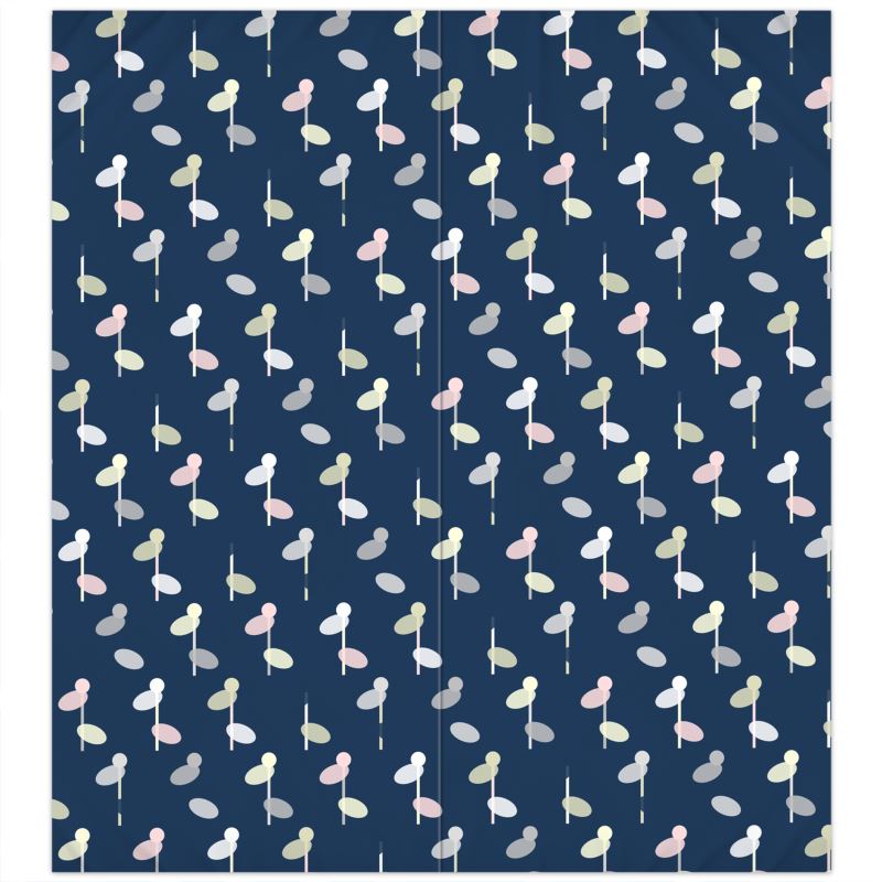 Patterned fabric with colorful geometric shapes on a blue background