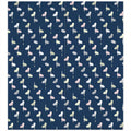 Patterned fabric with colorful geometric shapes on a blue background