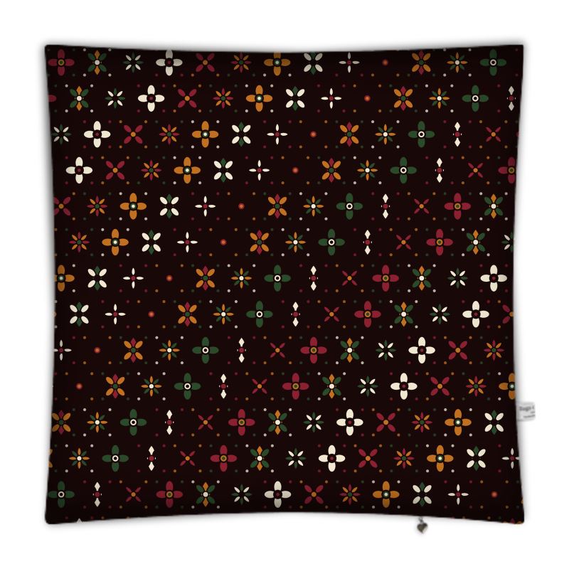 Patterned fabric with colorful geometric design on a brown background