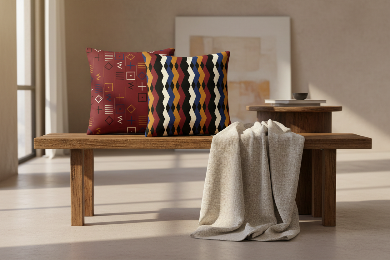 Two patterned pillows on a white background