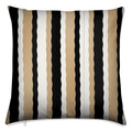 A square throw pillow featuring a vertical wavy stripe pattern in black, beige, and white, shown against a plain white background.