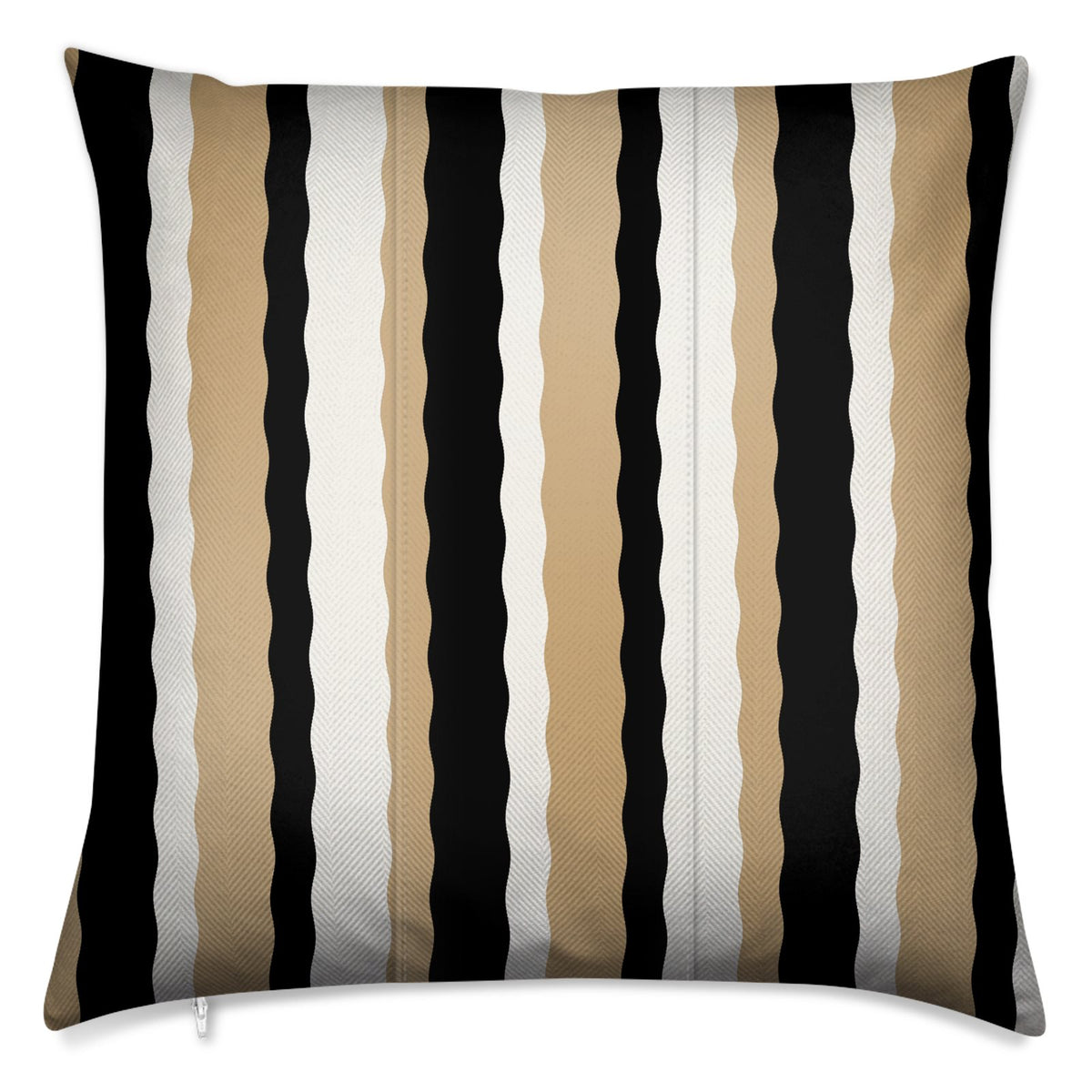 A square throw pillow featuring a vertical wavy stripe pattern in black, beige, and white, shown against a plain white background.