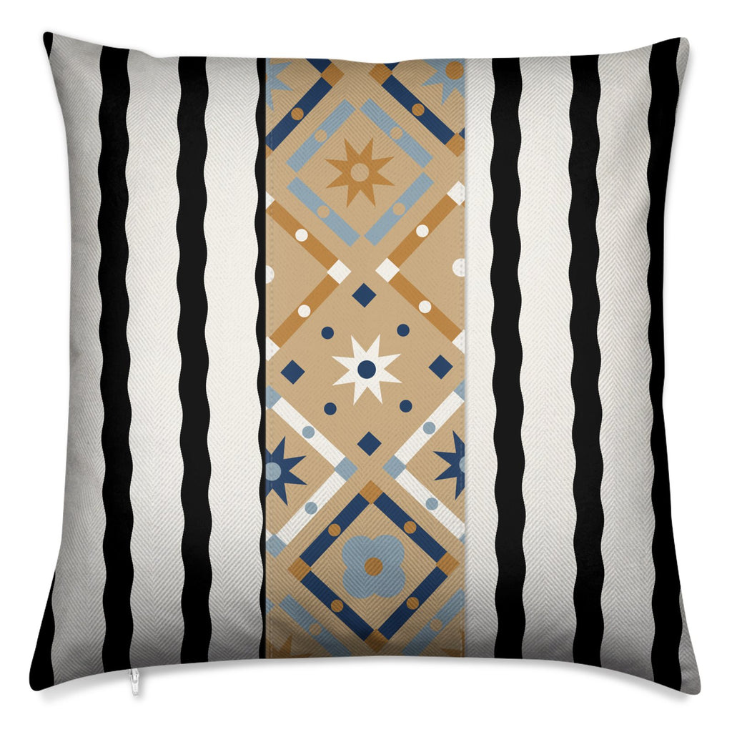 A square throw pillow featuring a Southwestern geometric pattern with a central tan panel in blue, beige, and white, flanked by black and white wavy vertical stripes.