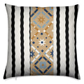 A square throw pillow featuring a Southwestern geometric pattern with a central tan panel in blue, beige, and white, flanked by black and white wavy vertical stripes.