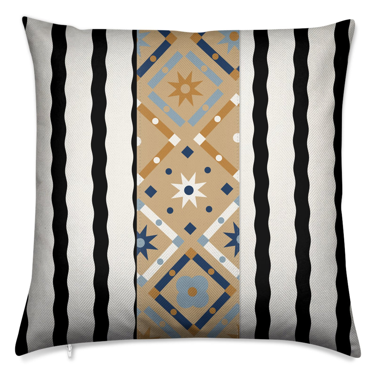 A square throw pillow featuring a Southwestern geometric pattern with a central tan panel in blue, beige, and white, flanked by black and white wavy vertical stripes.