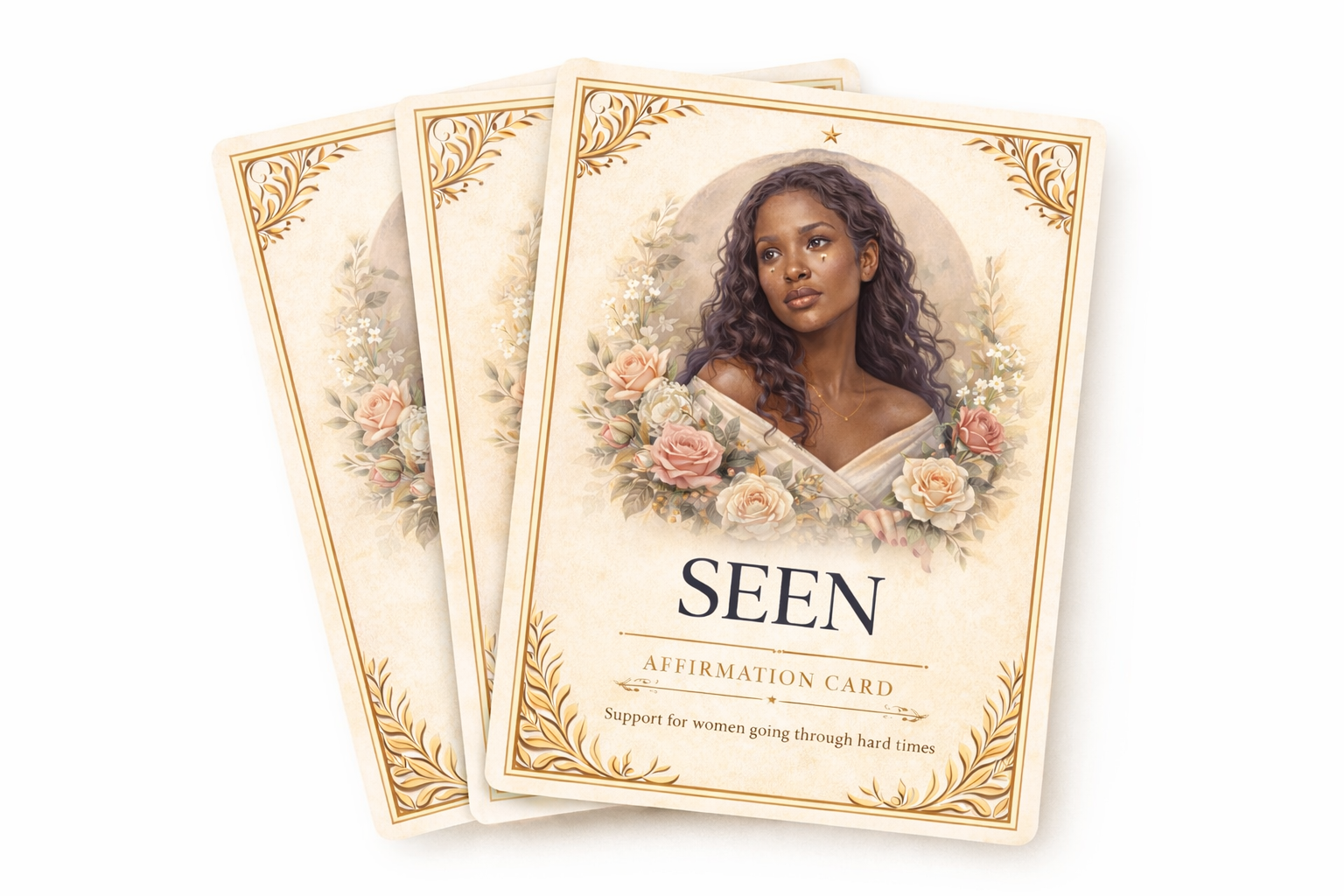 Three affirmation cards featuring a woman's portrait and floral design on a white background.