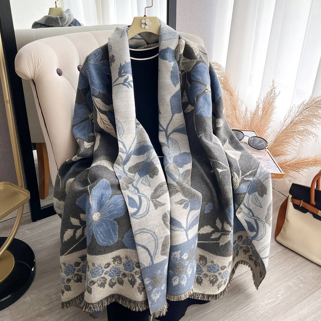 Blue / Gray Vintage Floral Reversible Wrap