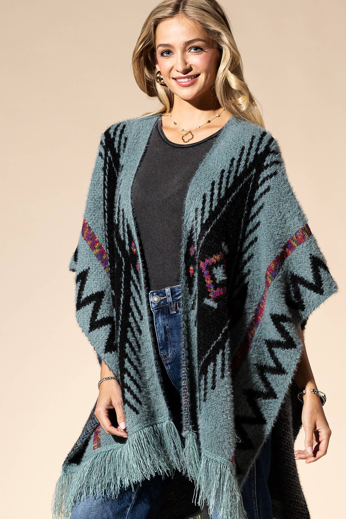 Fuzzy Knit Aztec Pattern Ruana with Tassels