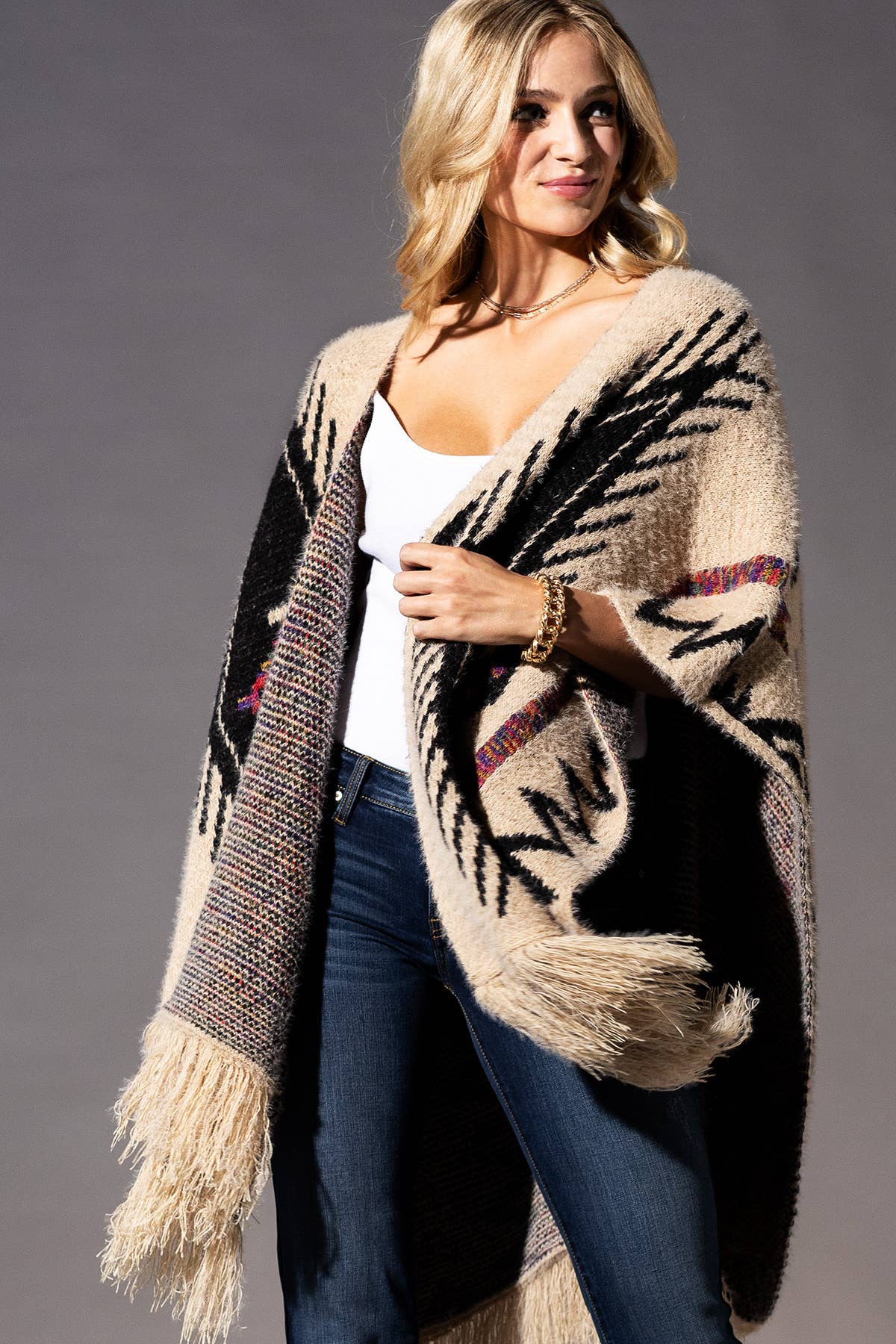 Fuzzy Knit Aztec Pattern Ruana with Tassels