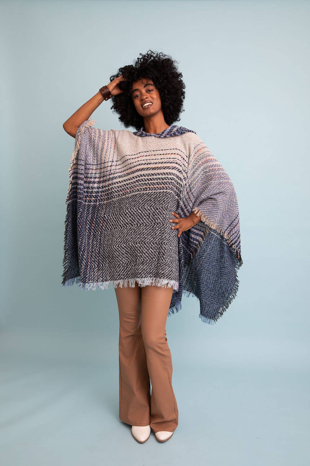 Herringbone Hooded Frayed Edge Poncho