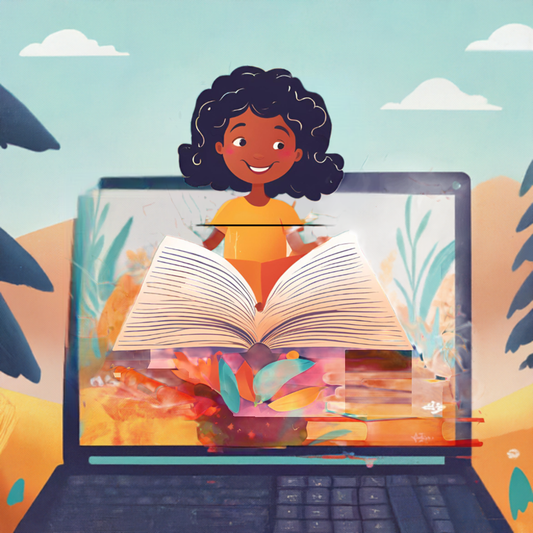 An illustration of a young girl reading a book on a laptop screen.