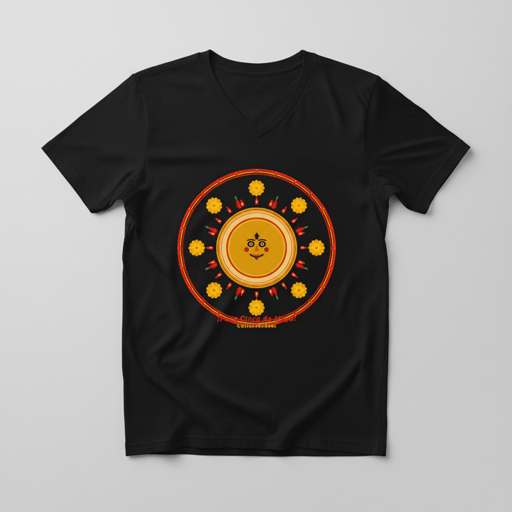 Black t-shirt with a circular orange design featuring a face on a gray background
