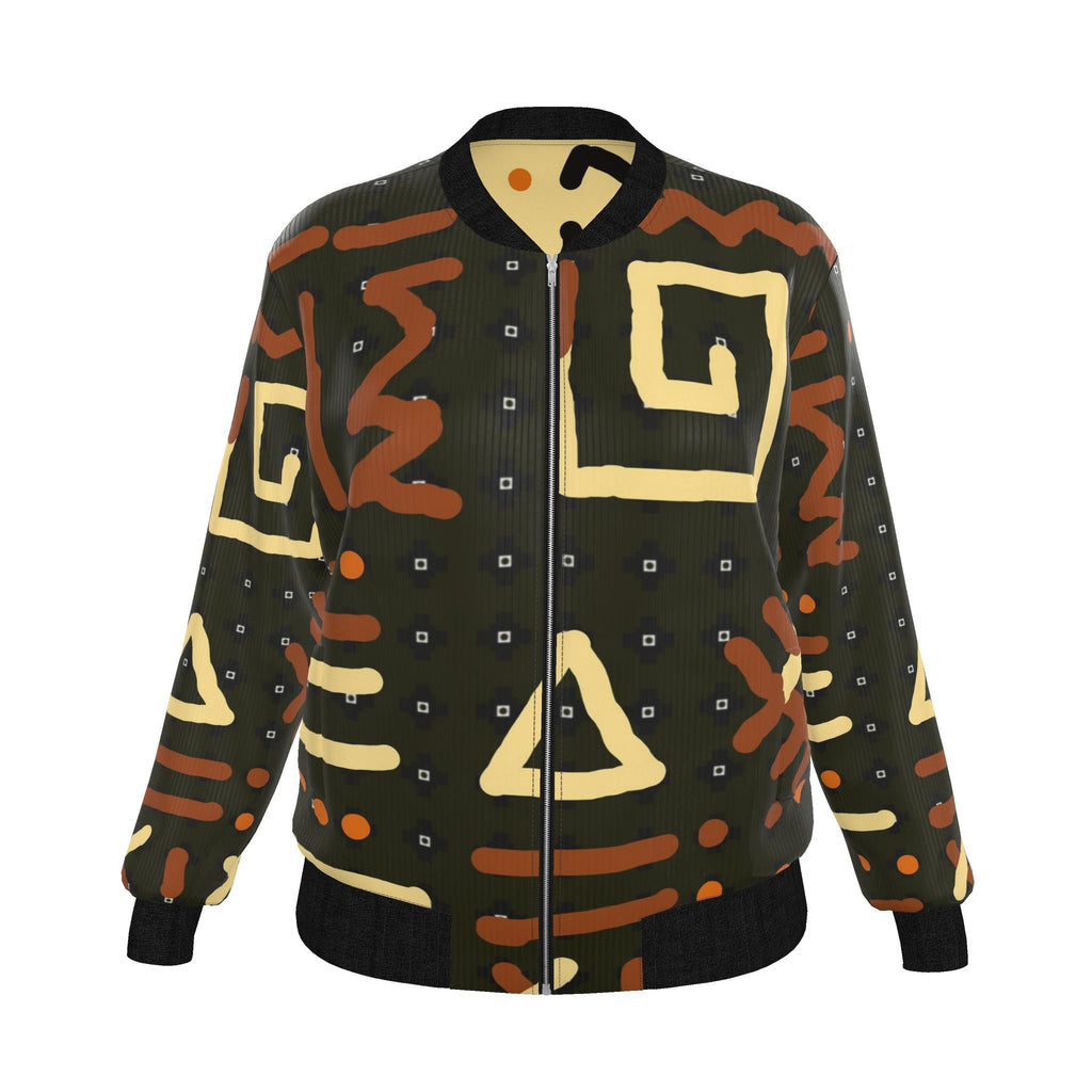 A ribbed knit bomber jacket featuring a retro geometric pattern in olive green, cream, and terracotta brown, with black ribbed trim and a front zipper.