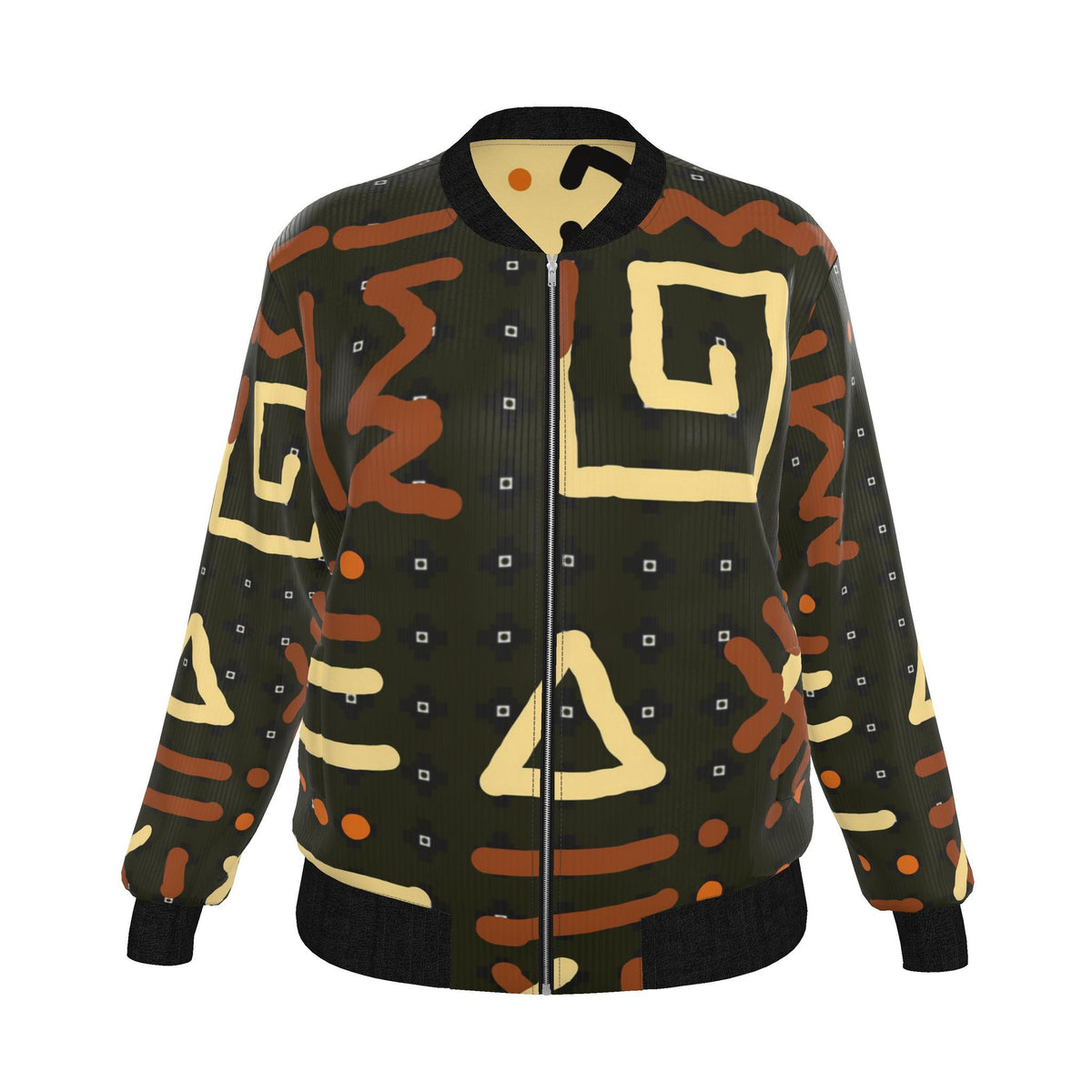 A ribbed knit bomber jacket featuring a retro geometric pattern in olive green, cream, and terracotta brown, with black ribbed trim and a front zipper.