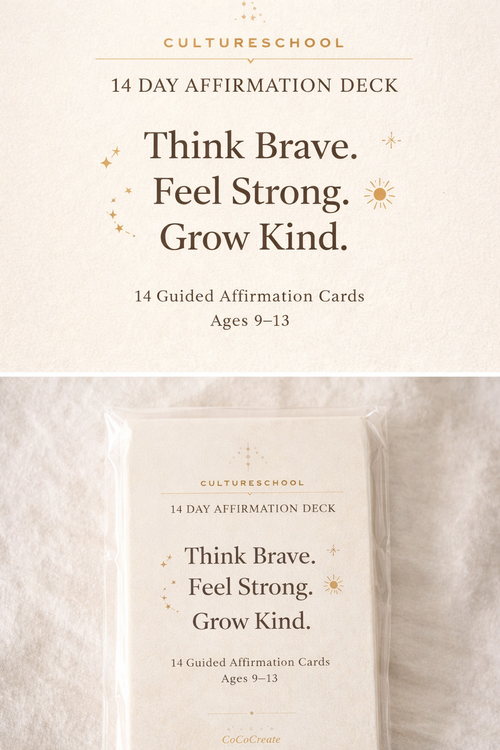 14 Day Affirmation Deck packaging with text 'Think Brave. Feel Strong. Grow Kind.' on a beige background.