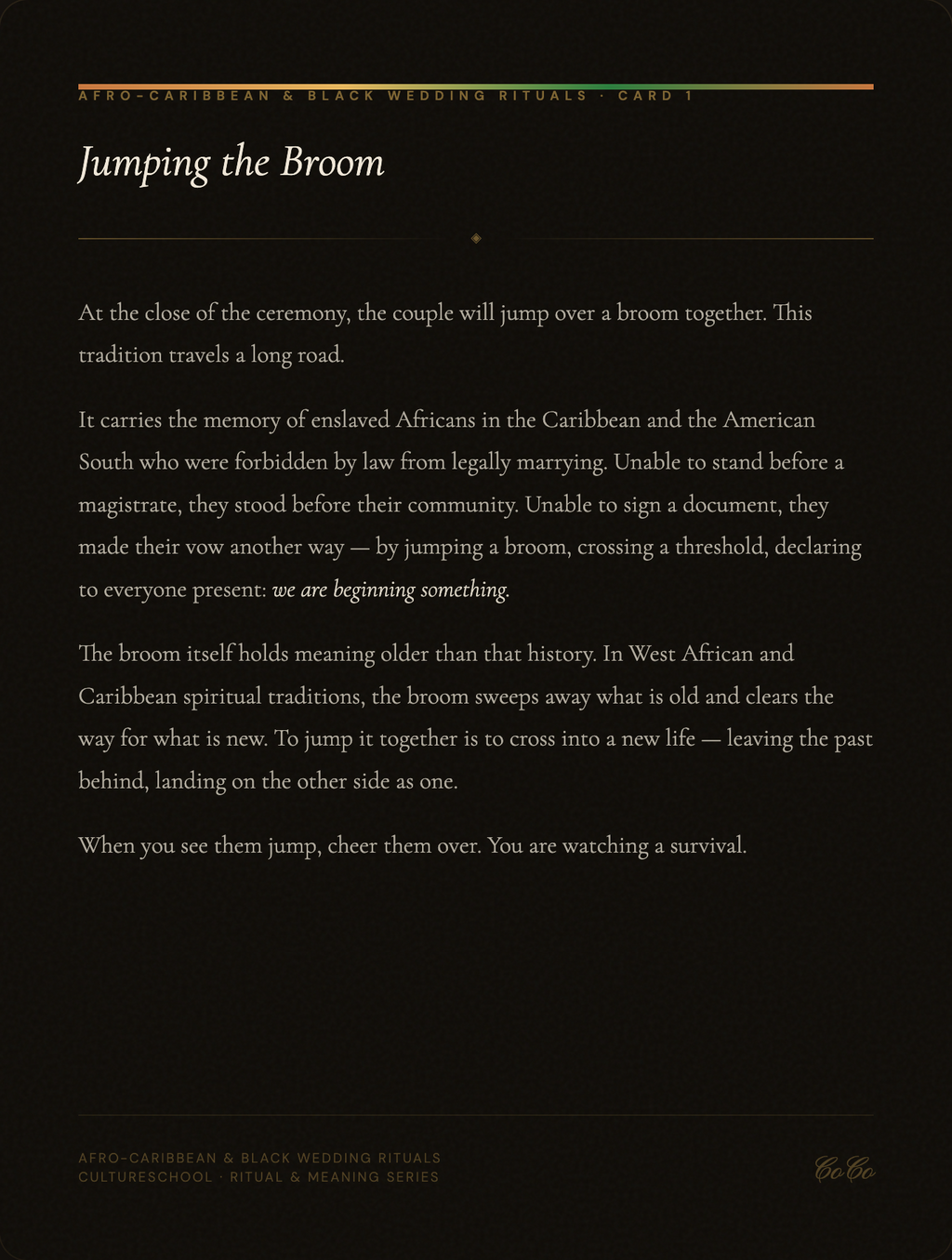 Text explaining the tradition of 'jumping the broom' on a black background