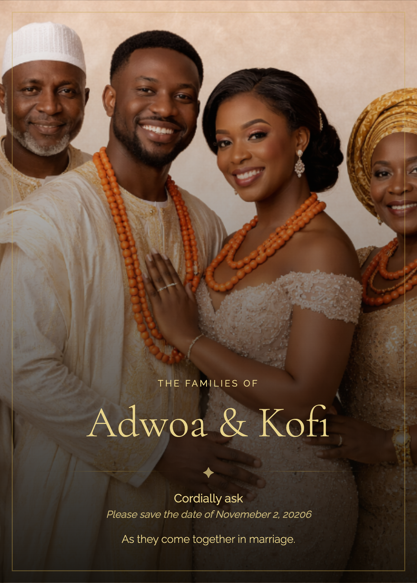 Wedding invitation card with a couple and their families, featuring traditional attire and jewelry.