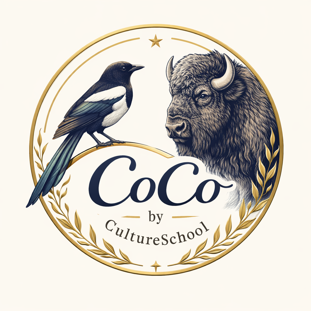 Logo featuring a magpie and a bison with 'CoCo by CultureSchool' text.