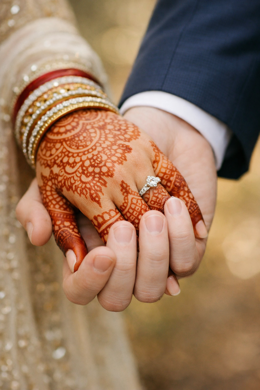 Two hands holding each other, one with intricate henna design and a ring, blurred natural background