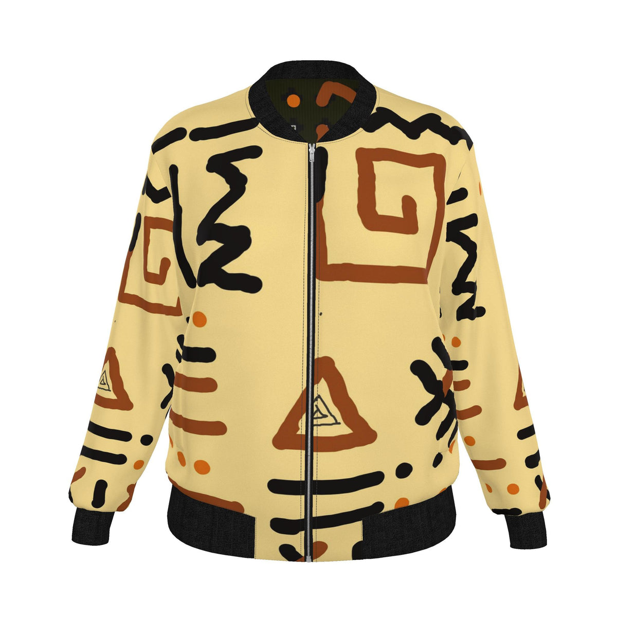 A cream-colored bomber jacket with a black and brown geometric tribal pattern, featuring a full front zipper, ribbed collar, cuffs, and hem.