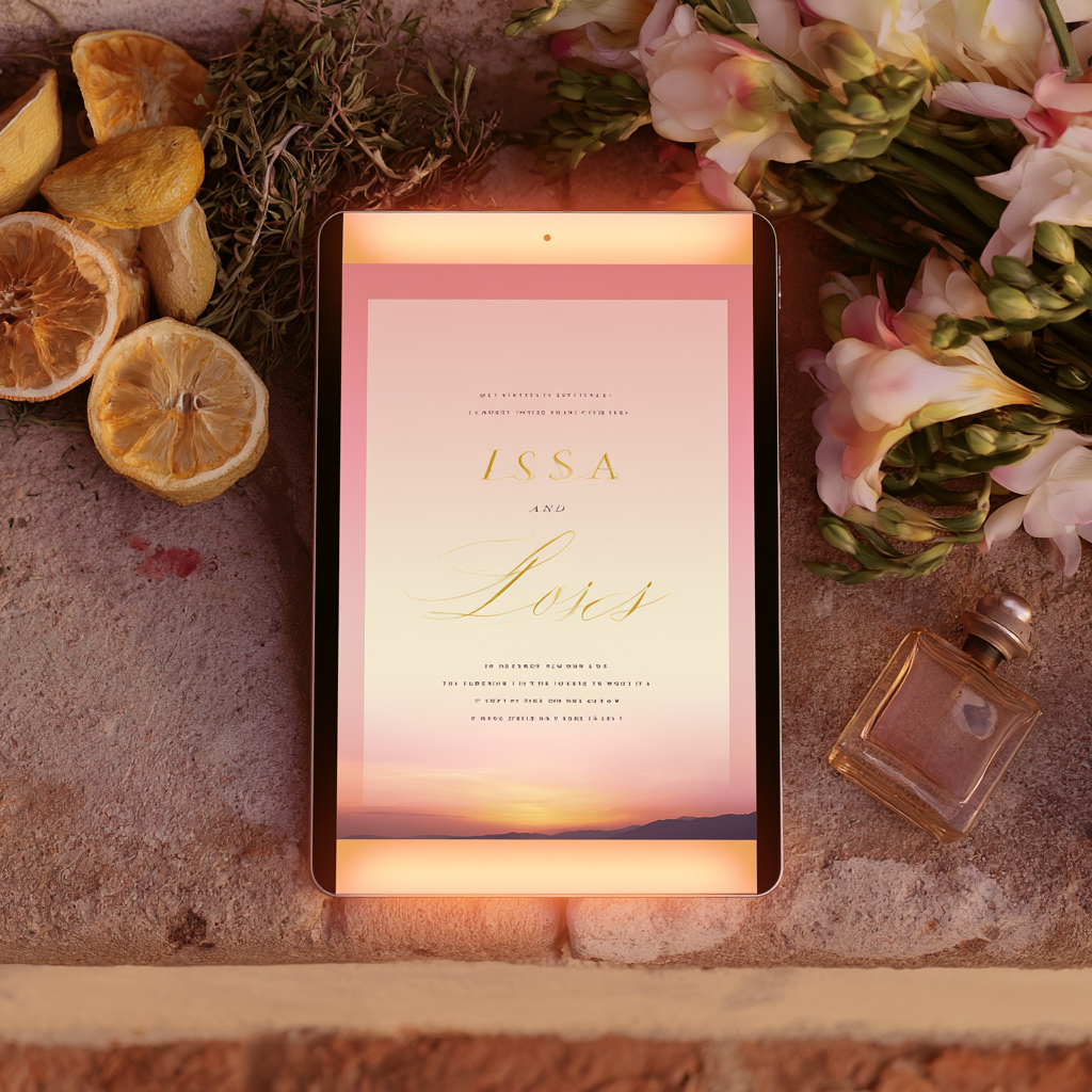 Digital tablet displaying a romantic-themed screen with flowers and lemons on a rustic surface.