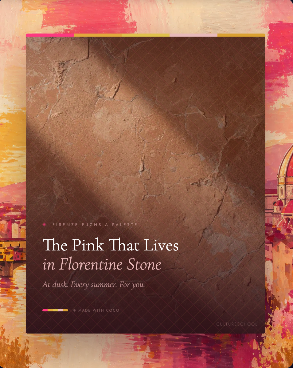 Book cover with textured brown background and text 'The Pink That Lives in Florentine Stone' on a colorful abstract border.