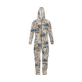 A full-zip hooded one-piece jumpsuit with an all-over tropical floral print, shown on a plain white background.
