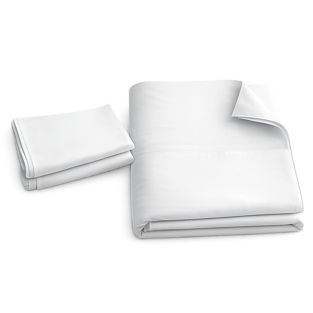 Folded white bed sheets on a white background