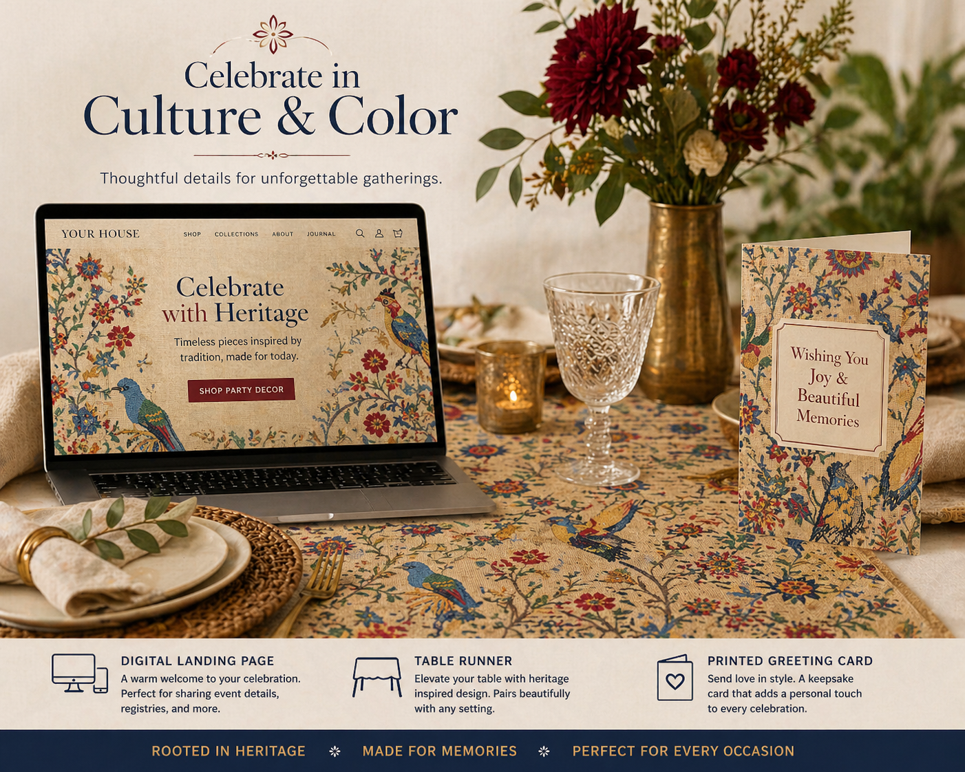 Table setting with laptop, flowers, and greeting card on a floral tablecloth.