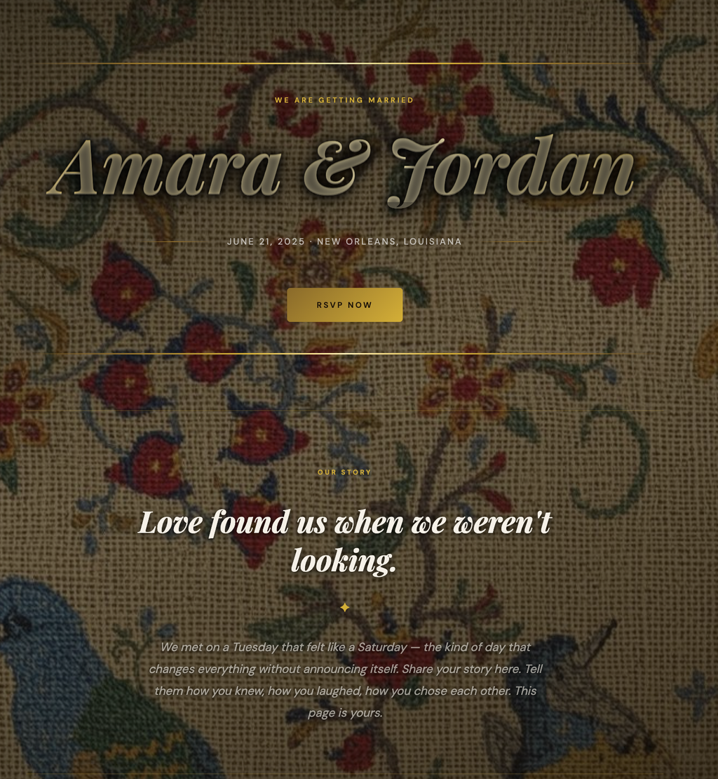Wedding invitation with floral pattern and text on a textured background