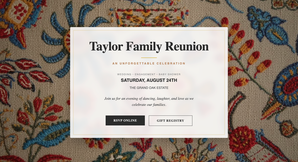 event landing page with embroidered background