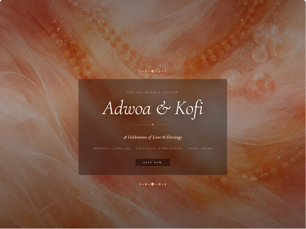 Wedding invitation card with 'Adwoa & Kofi' on a marbled background