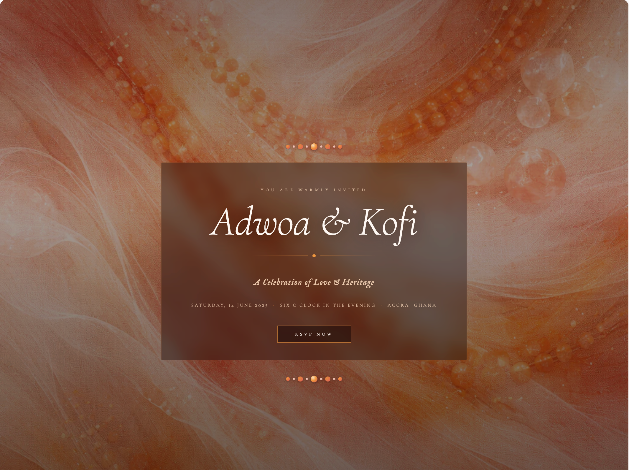 Wedding invitation card with 'Adwoa & Kofi' on a marbled background