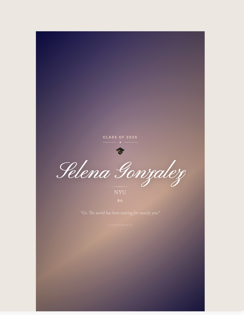 Graduation-themed poster with text and a cap icon on a gradient background