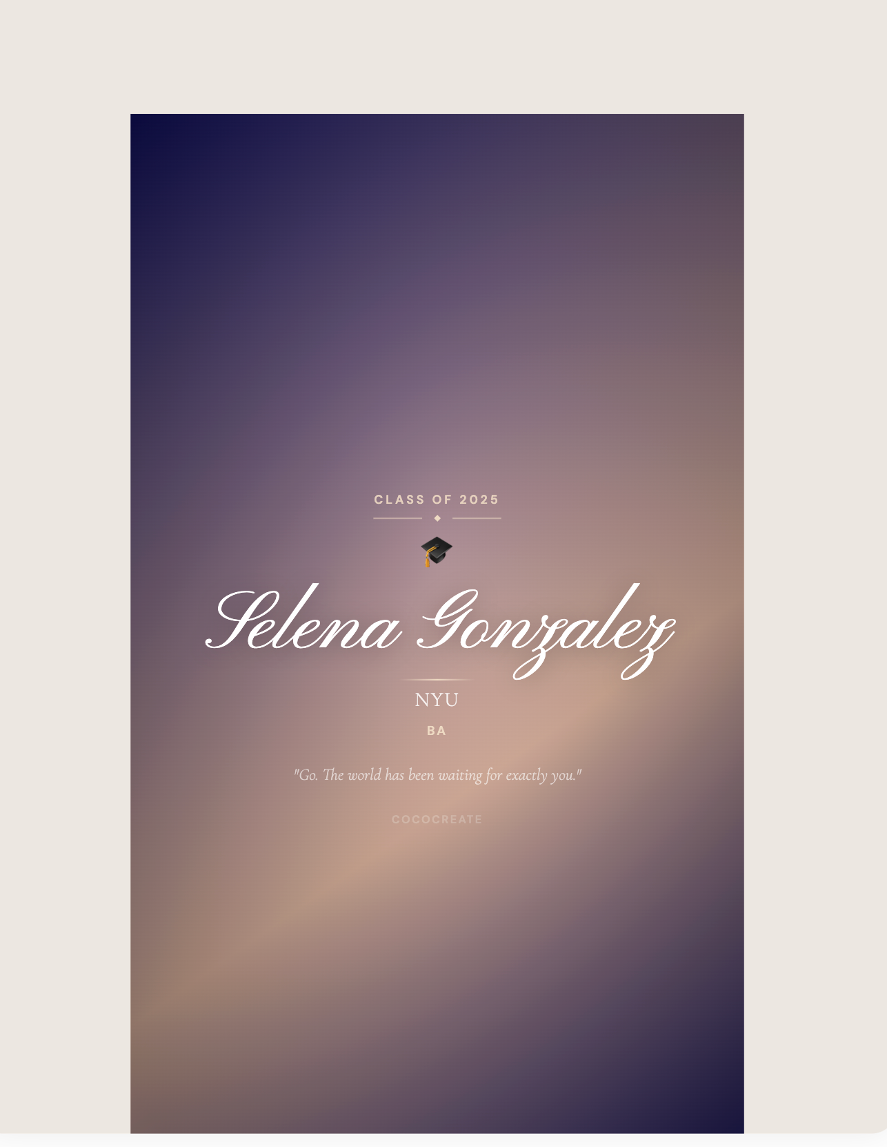 Graduation-themed poster with text and a cap icon on a gradient background