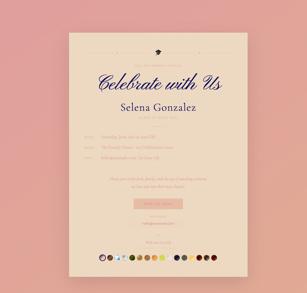 Invitation card with text and color swatches on a pink background