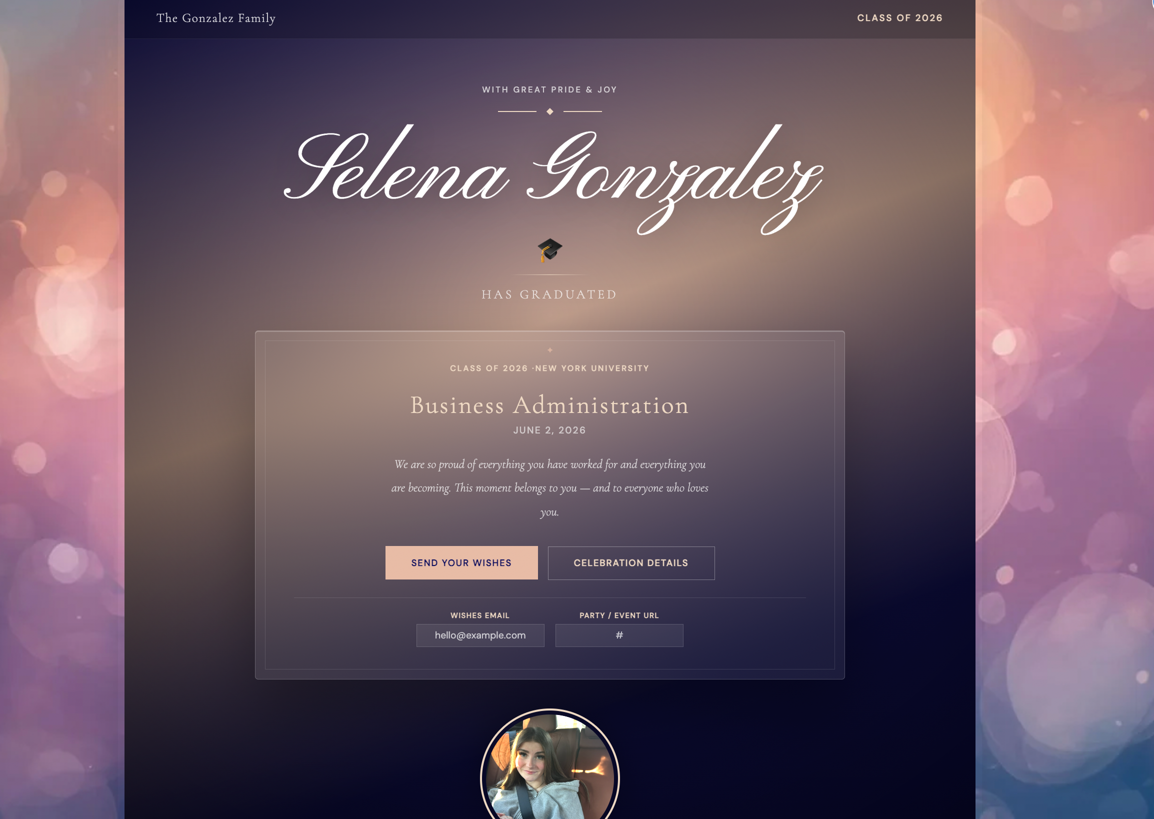 Graduation invitation card with 'Selena Gonzalez' at the top, blurred lights in the background