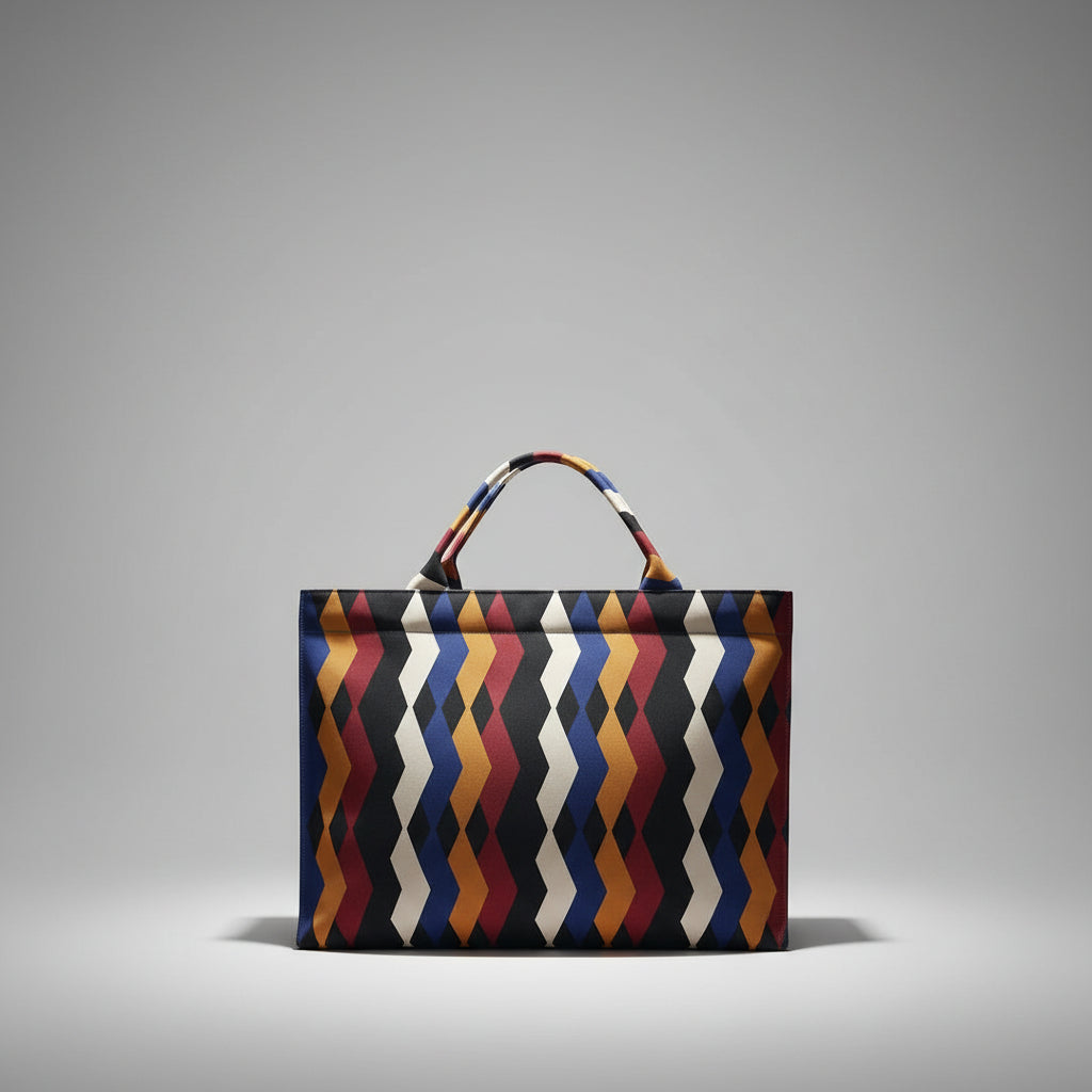 Colorful geometric patterned tote bag on a white background