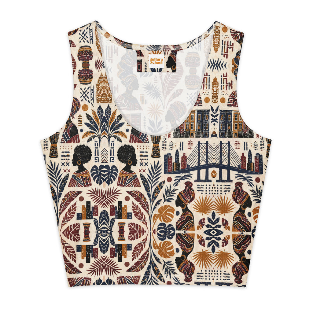 Tank top with a colorful pattern featuring women, bridges, and abstract designs on a white background.