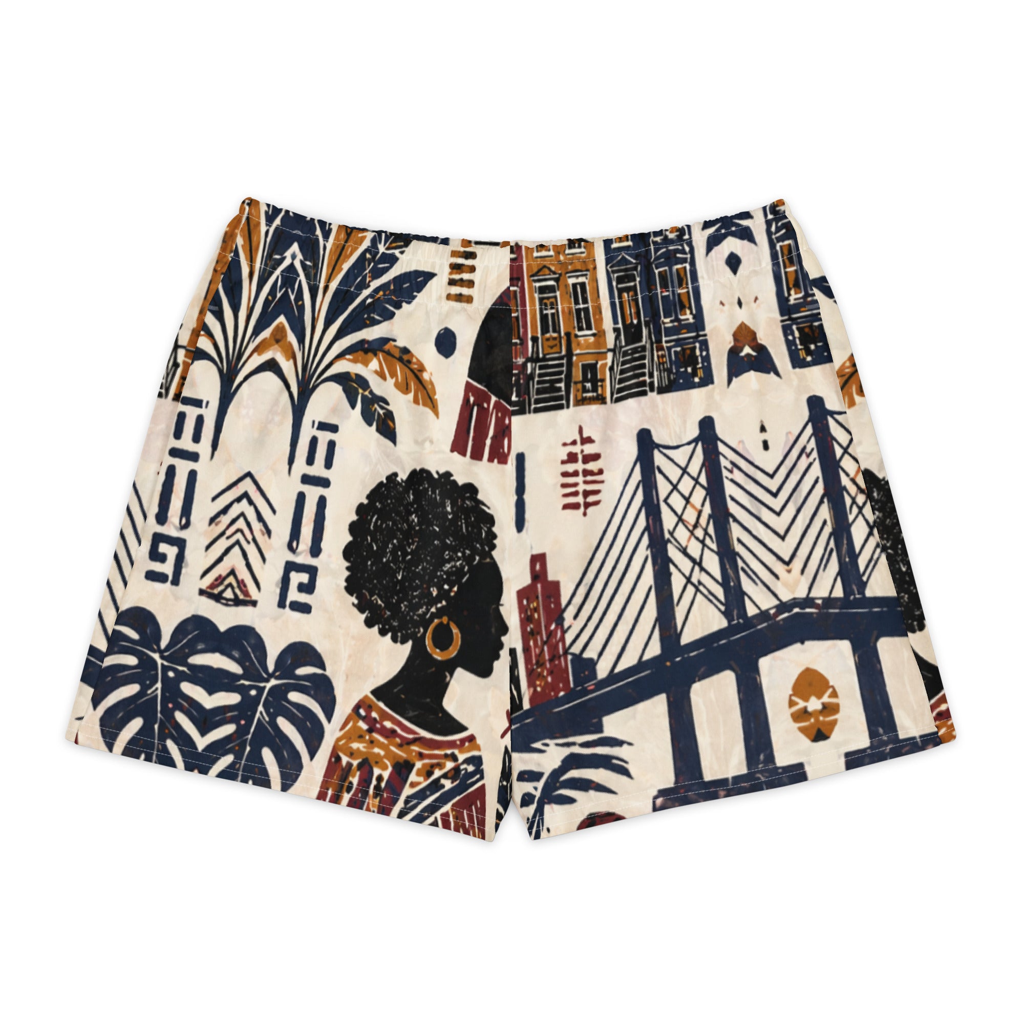 Shorts with a pattern of a black woman's face, buildings, and abstract designs on a white background.