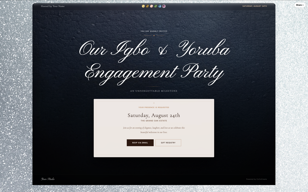Invitation card for Igbo & Yoruba Engagement Party with text and date on a dark textured background