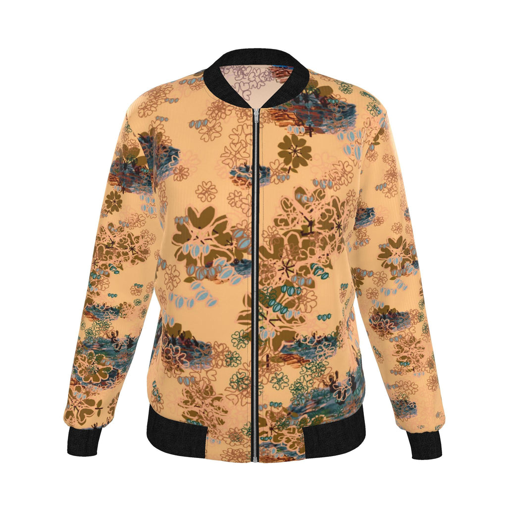A long-sleeve bomber jacket with a beige base and an intricate multicolor floral and landscape print, featuring black ribbed trim at the collar, cuffs, and hem.