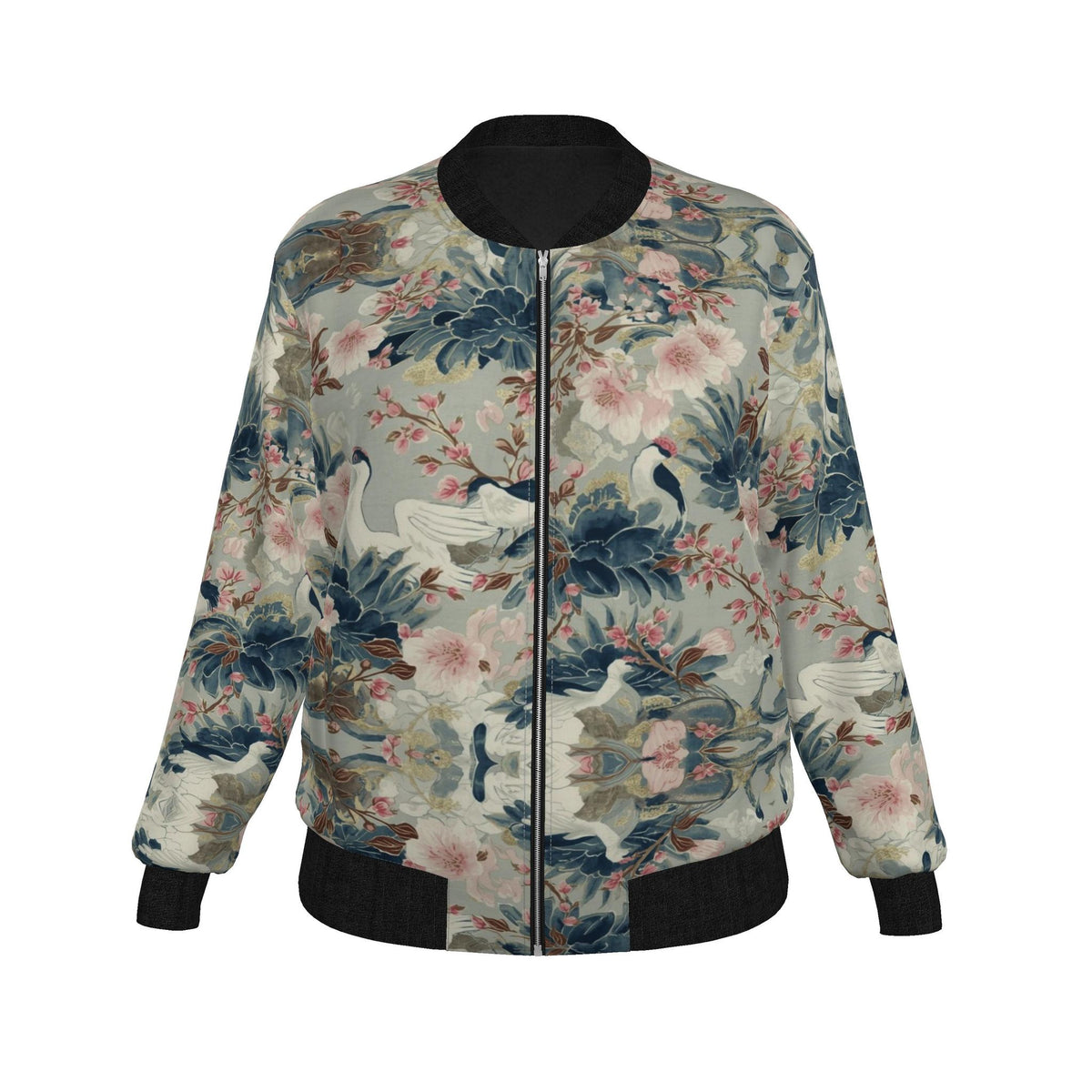A long-sleeve bomber jacket with a detailed print of cranes, pink flowers, and blue foliage on a light grayish-beige background. It features solid black ribbed cuffs, hem, and collar, with a front zipper closure.
