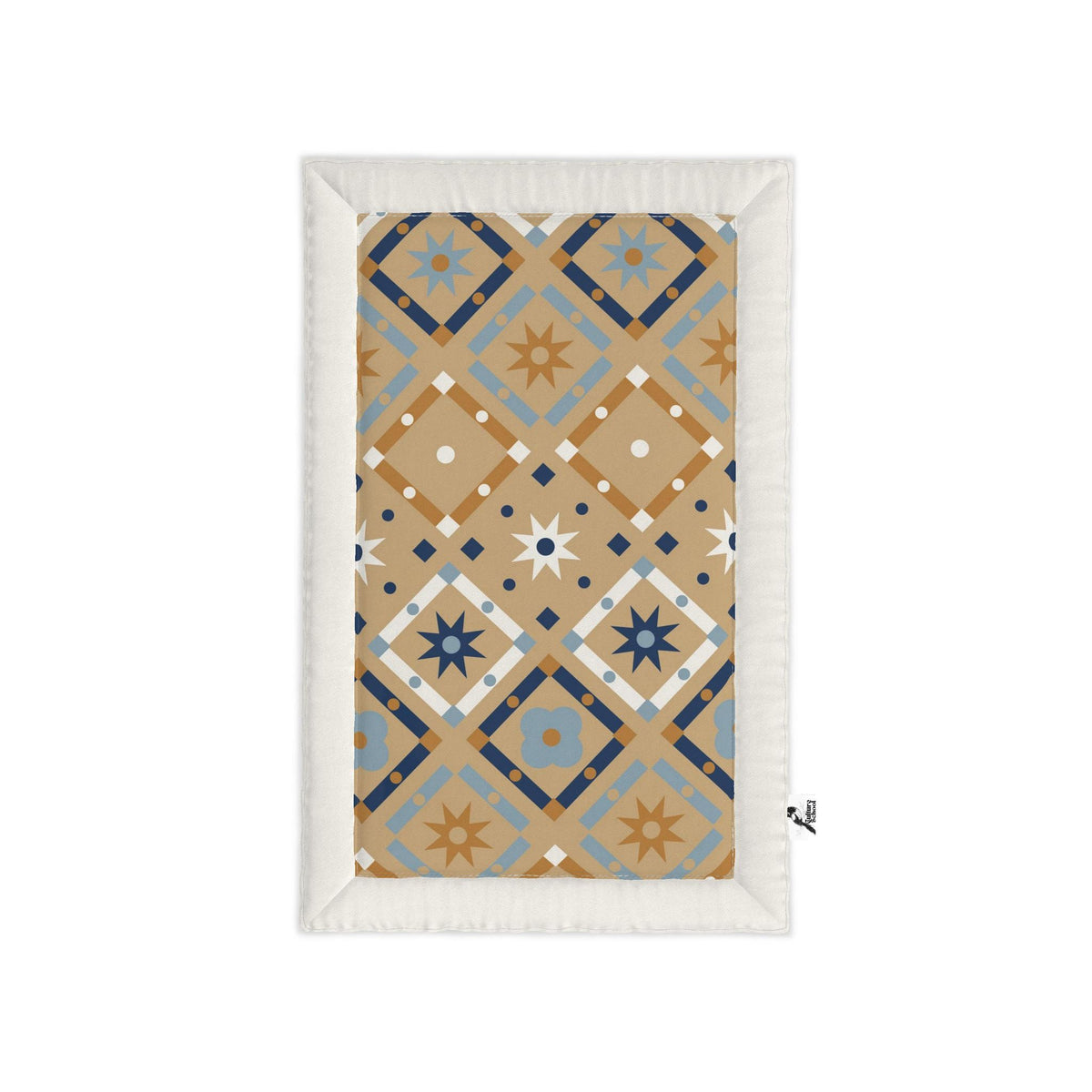 A rectangular quilted baby blanket with a Southwestern geometric pattern, featuring a tan, blue, and white design with an off-white stitched border, shown on a plain white background.